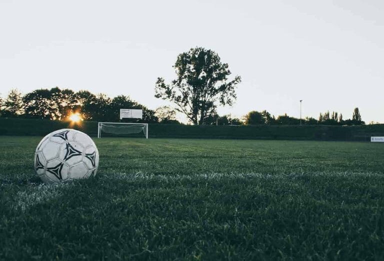 Soccer ball on a grass football pitch at sunset, outdoor sports and recreation activity.