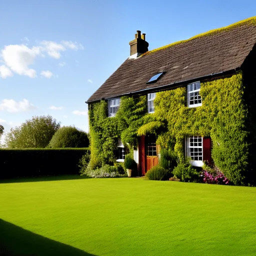 Countryside cottage covered in lush green ivy with a well-maintained front lawn and clear blue sky.