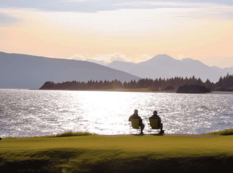 Serene lakeside view with two people sitting by the water, promoting calm and strategic investment planning.