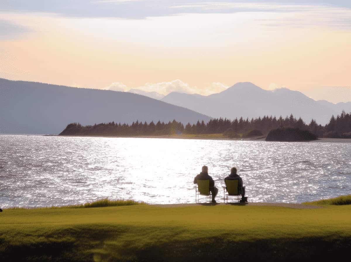 Serene lakeside view with two people sitting by the water, promoting calm and strategic investment planning.