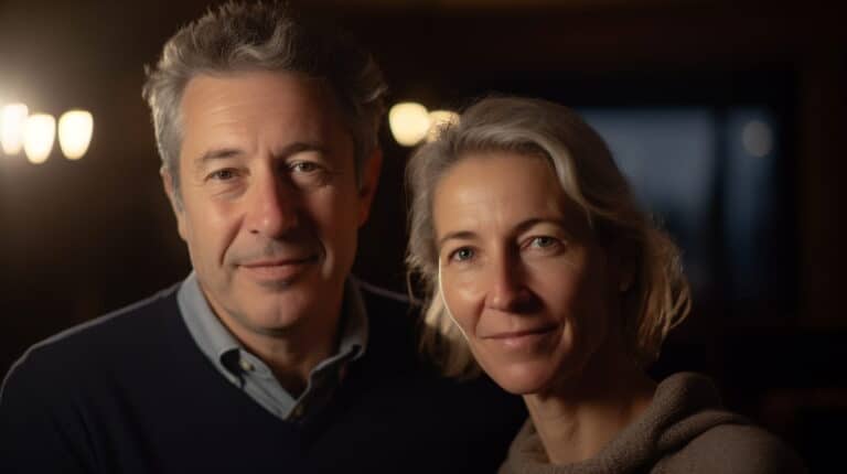 Portrait of mature couple in warm indoor setting, representing professional financial advisors.