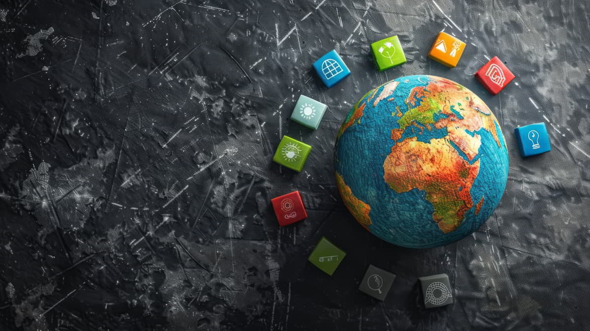 Global earth globe with sustainability icons representing environmental, social, and governance investment themes.