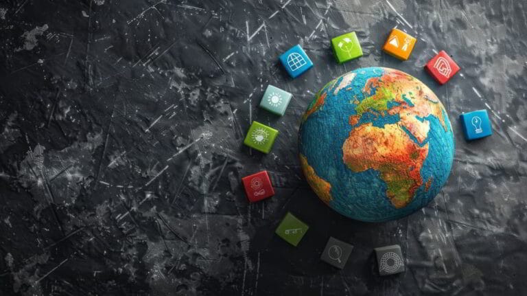 Global earth globe with sustainability icons representing environmental, social, and governance investment themes.