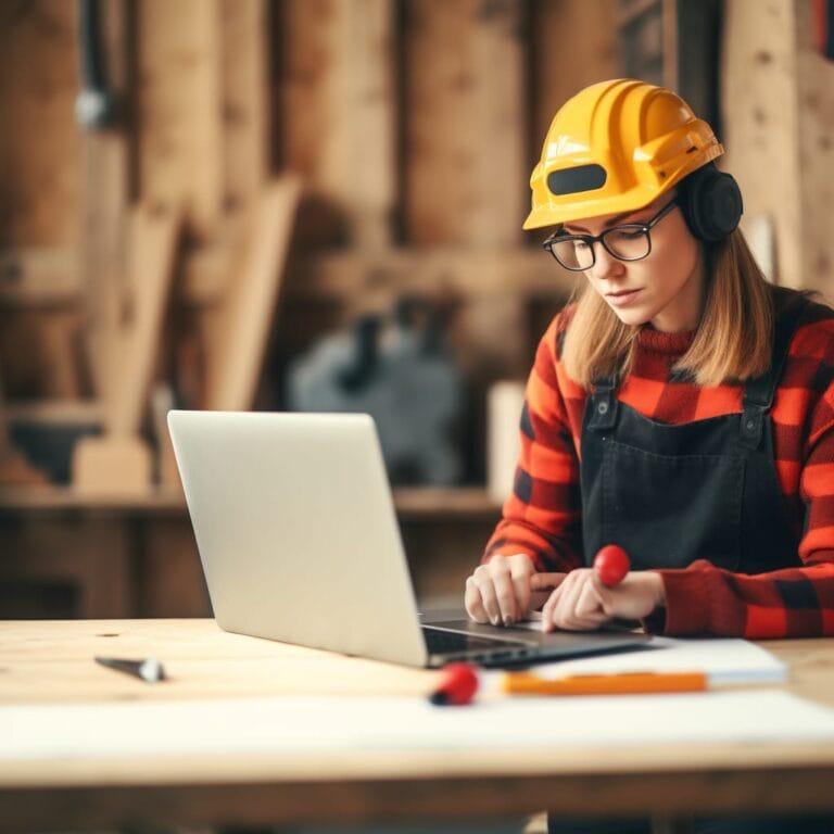 Female construction worker using laptop at workshop or construction site, wearing safety helmet and hearing protection.