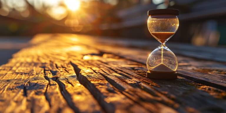 Close-up of an hourglass on weathered wooden surface at sunset, symbolising time and financial growth.