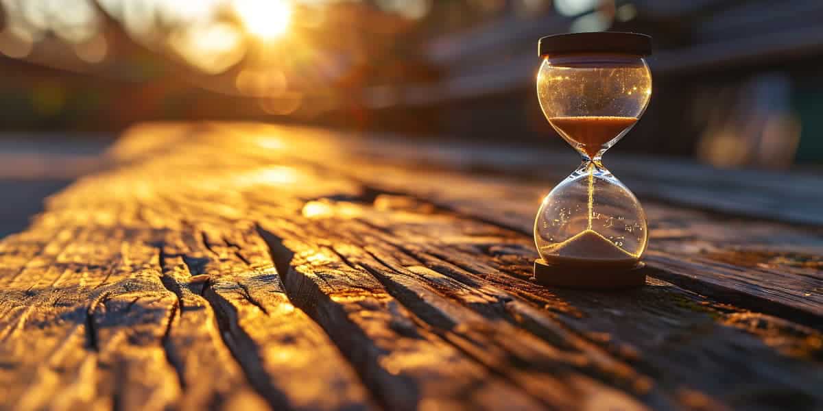 Close-up of an hourglass on weathered wooden surface at sunset, symbolising time and financial growth.