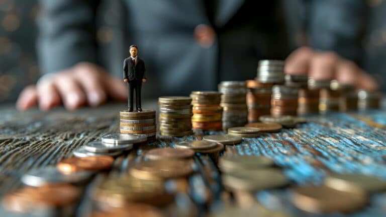 Small business professional figurine standing on stacked coins, representing financial growth and investment.