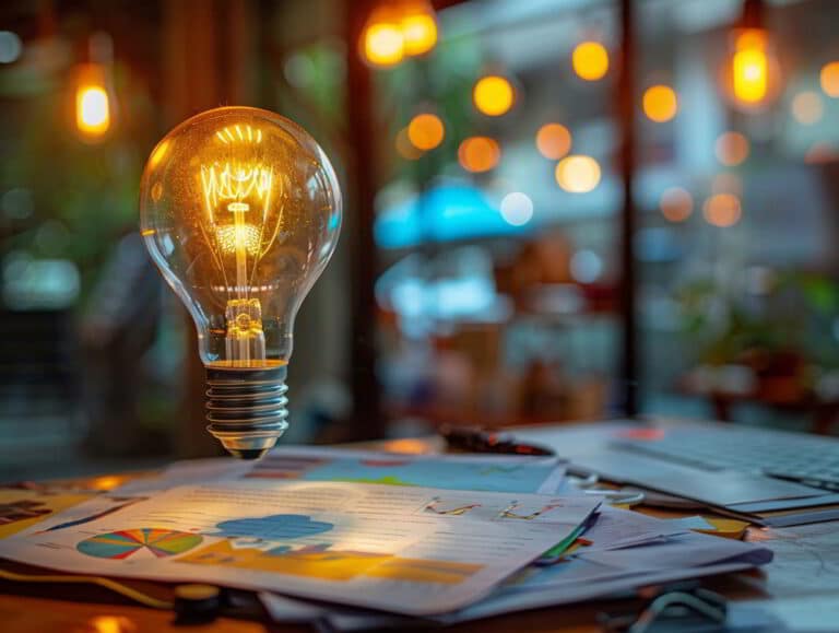 Innovative business idea with a glowing light bulb on a desk full of papers and charts in a creative workspace.