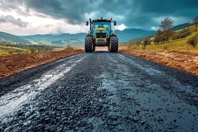 New asphalt road construction with heavy machinery in scenic rural landscape.