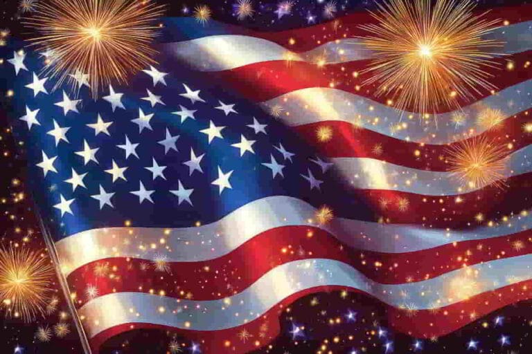 Flag of the United States with fireworks celebrating American independence.