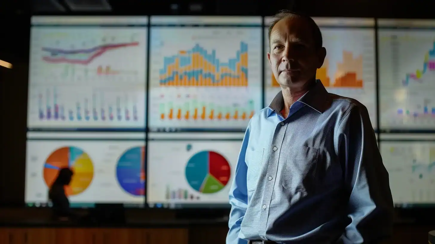 a confident investment adviser stands in a sleek, modern office.