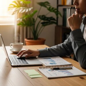 Cozy workspace with a person analyzing investment portfolios, emphasizing financial planning