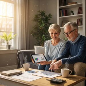 Retired couple discussing financial plans in a cozy living room, emphasizing flexible retirement income
