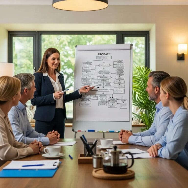 Advisor explaining the probate process to a family in a meeting room